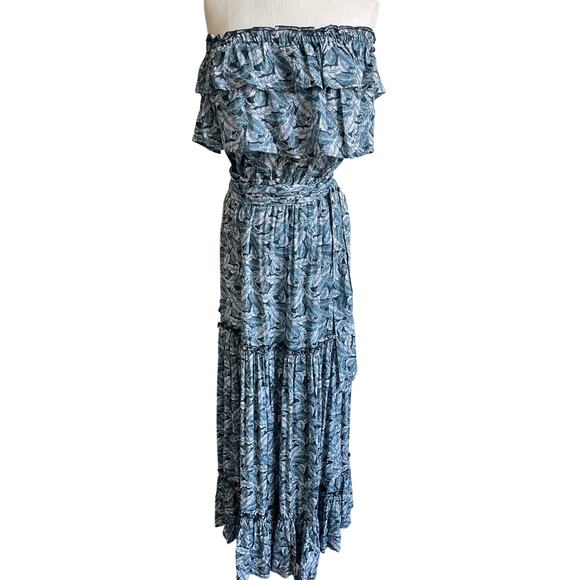 Fresha London Strapless Tiered Ruffle Maxi Leaf Palm Print Dress XS - Picture 2 of 11